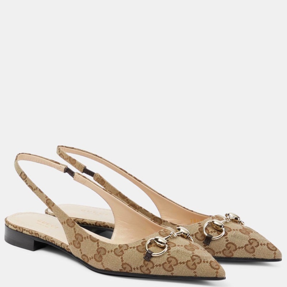 Gucci Brown GG Canvas Horsebit Slingback Flats
